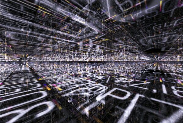 An abstract digital video loop depicting an infinite data corridor filled with alphanumeric characters, symbolizing rapid data transfer and complexity in cyberspace.
