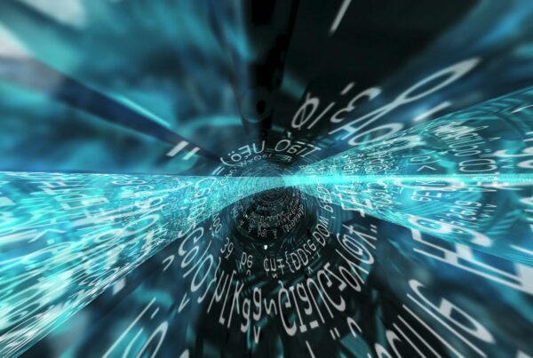 Video loop animation of a futuristic digital tunnel with flowing alphanumeric data streams in shades of blue, depicting fast information transfer and cyberspace technology.