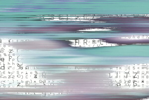 Abstract digital glitch art looping video featuring horizontal blue and purple streaks with scattered alphanumeric symbols, creating a dynamic and chaotic visual effect.