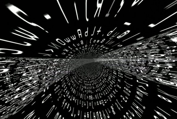 Futuristic video loop of a digital data tunnel with cascading letters and numbers in a monochromatic scheme.