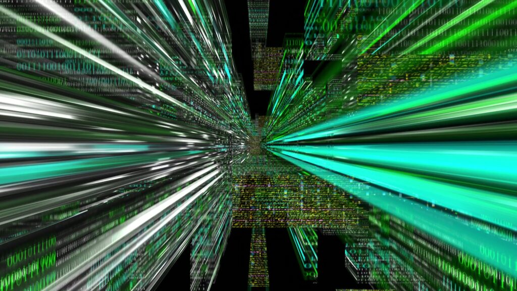 Abstract video loop of a digital data tunnel animation with dynamic green and black lines of binary code, representing high-speed information flow in a futuristic digital realm.