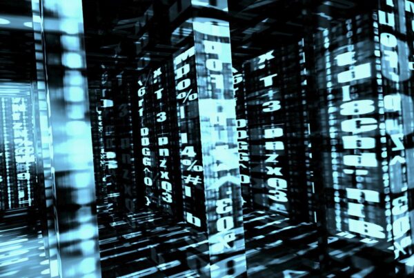 Futuristic 4K video loop of a digital corridor with flowing data and symbols.
