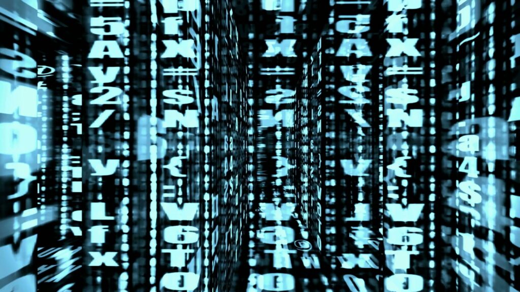 An abstract video loop of cascading blue alphanumeric characters creating a digital data matrix.