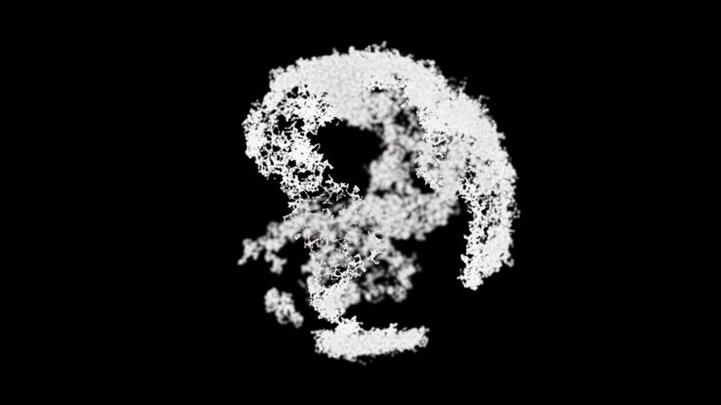 A cloud of white particles forms an exploding, abstract Earth globe against a stark black background, with dynamic textures and intricate patterns enhancing its ethereal appearance.