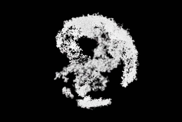 A cloud of white particles forms an exploding, abstract Earth globe against a stark black background, with dynamic textures and intricate patterns enhancing its ethereal appearance.