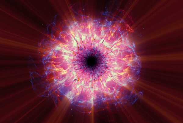 A vibrant looping video of a cosmic explosion with colorful bursts of pink, blue, and orange hues radiating from a central black core, resembling a supernova in deep space.