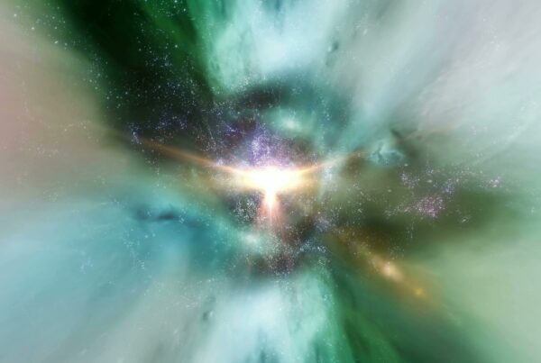 A cosmic explosion video loop of vibrant colors, depicting a radiant burst of light in space surrounded by swirling clouds and stars.