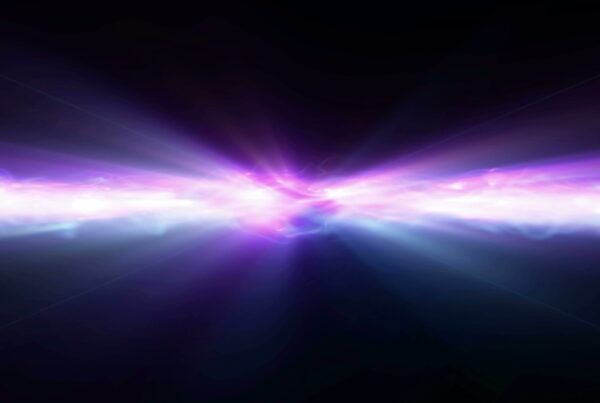 4K looping video of a vivid burst of cosmic light in purple and blue hues emanating from the center, surrounded by nebula-like clouds in deep space.