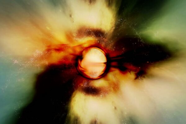 Abstract video loop of a cosmic scene depicting a fiery sphere surrounded by swirling colors and star-like specks, representing a dynamic astronomical phenomenon such as a supernova or black hole.