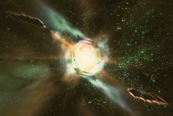 A 4K video loop of a cosmic explosion with swirling multicolored gas and bright center in deep space.