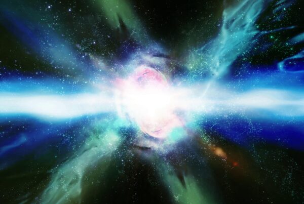 4K video loop of a bright galactic explosion with vibrant colors in deep space.