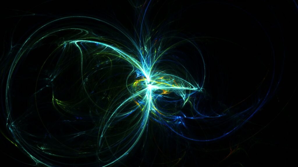 Vibrant abstract animation loop with swirling neon colors on a dark background, radiating energy reminiscent of a cosmic explosion.