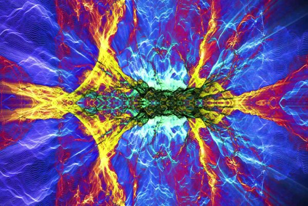 Vibrant abstract video loop with blue, red, and yellow energetic swirls creating a symmetrical, kaleidoscope-like design.