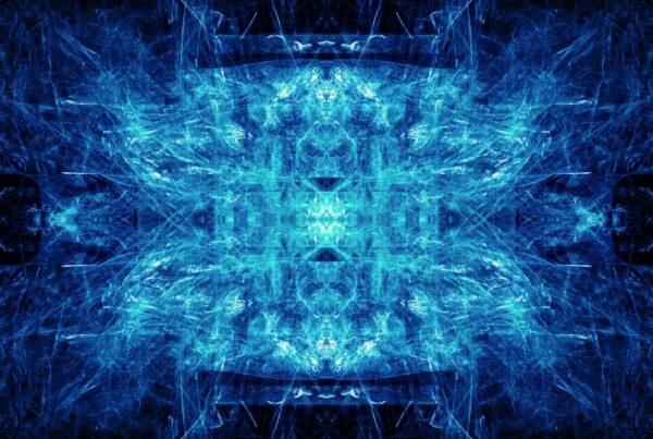 Abstract symmetrical fractal video in blue hues, featuring intricate patterns and a central glowing focal point, creating a visually captivating digital animation.