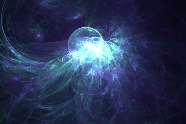 Abstract digital art video with swirling ethereal blue, green, and purple fractal light tendrils around a glowing central orb on a dark navy background.