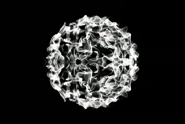 Abstract white spherical video loop with intricate line patterns on a black background, resembling a dynamic and complex digital art piece.