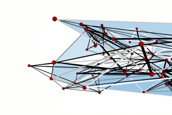 Intricate 3D network structure with red nodes and black and white lines on a light blue background.