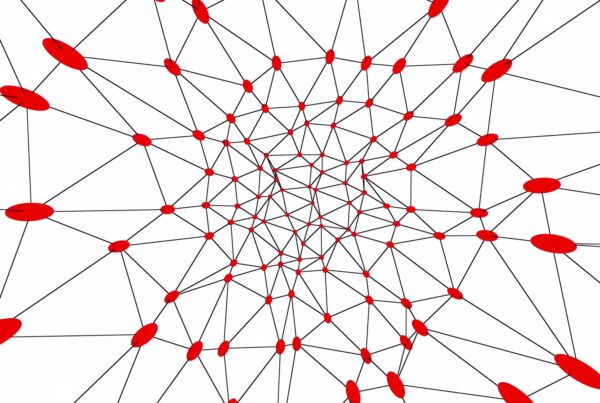 Abstract HD video loop of a geometric network with red oval nodes interconnected by black lines on a white background.