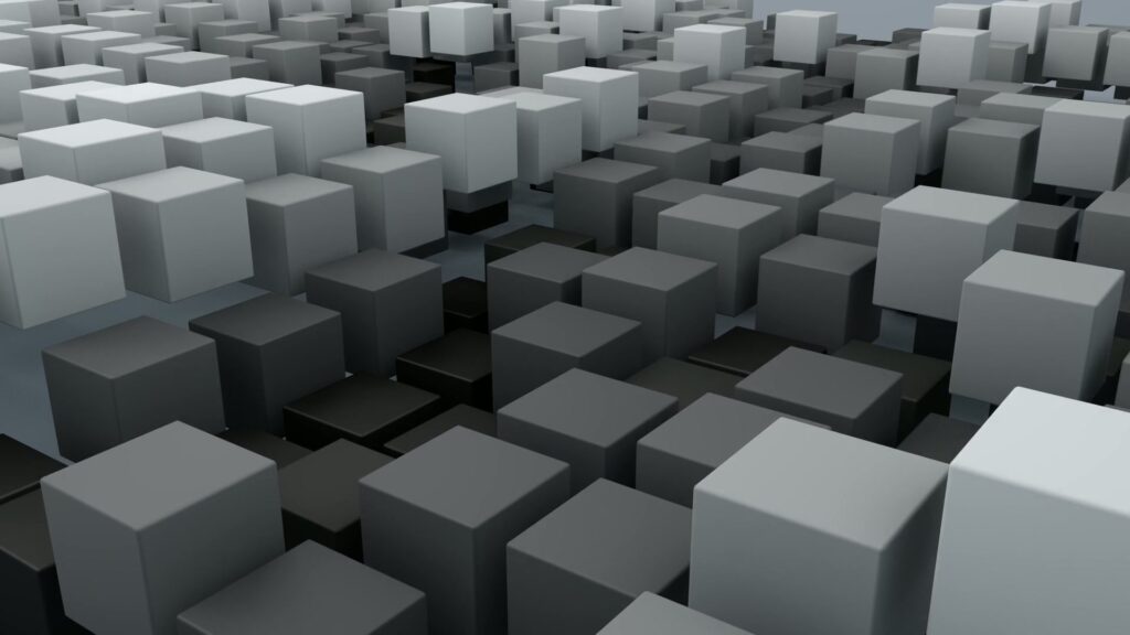 This looping video displays a dense array of 3D cubes in various shades of gray.