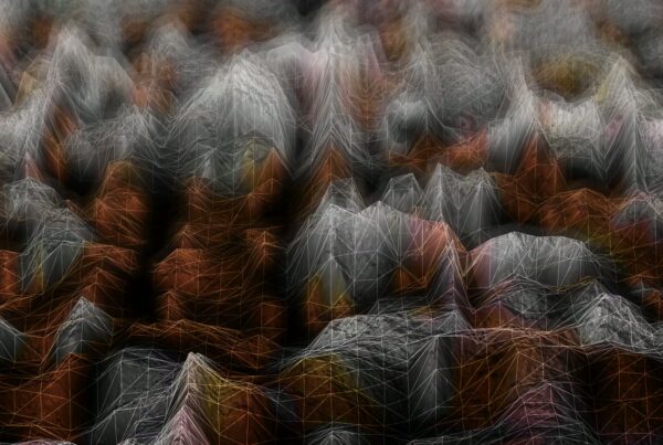 Abstract digital landscape featuring geometric shapes and intricate patterns in earthy tones, resembling a 3D wireframe model over a mountain-like structure.