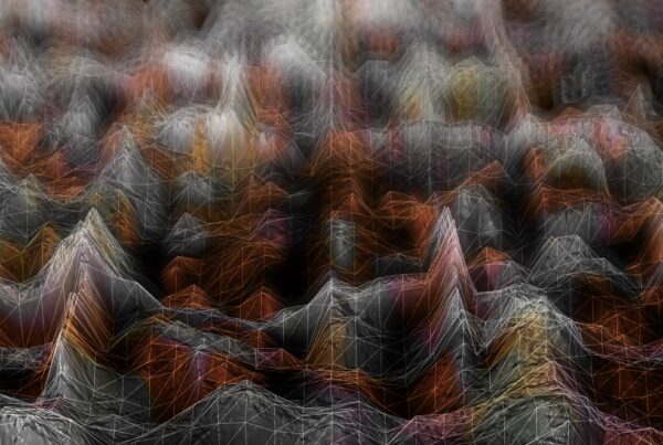 4K video loop of an abstract digital landscape with 3D geometric mesh formations.