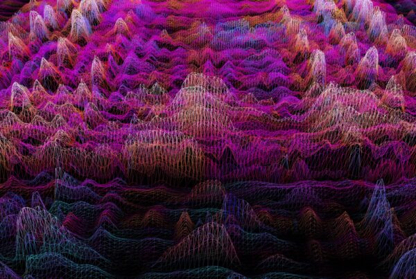 4K video loop of a vibrant abstract wireframe landscape with colorful lines on a black background.