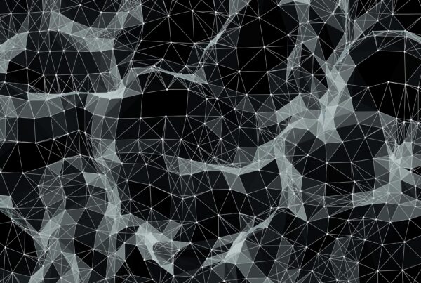 A 4K video loop of an intricate network of geometric lines and nodes forming a complex mesh-like pattern on a black background, creating a modern digital visualization.