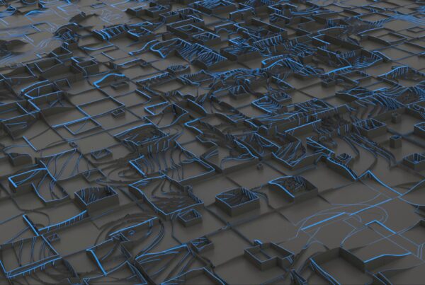 4K video loop of a highly stylized and abstract digital terrain showcasing technological precision and organic complexity.