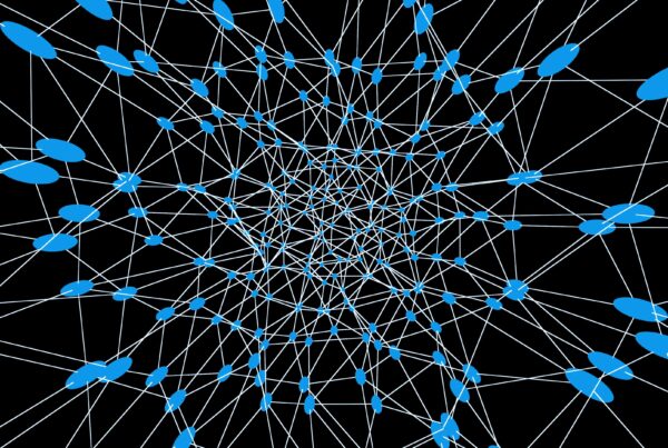 Abstract 4K video loop of a digital network with interconnected nodes and lines on a black background.