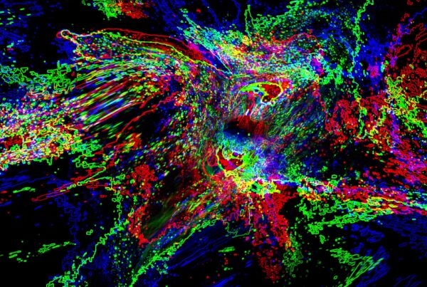 Abstract digital art with vibrant swirling colors across a dark background, evoking cosmic chaos and energy.