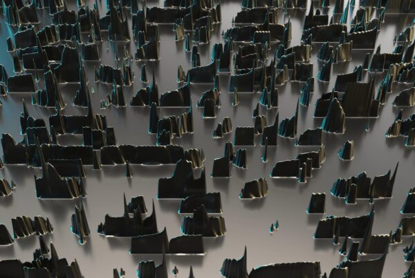 4K video of an abstract digital landscape with jagged metallic structures and blue highlights.