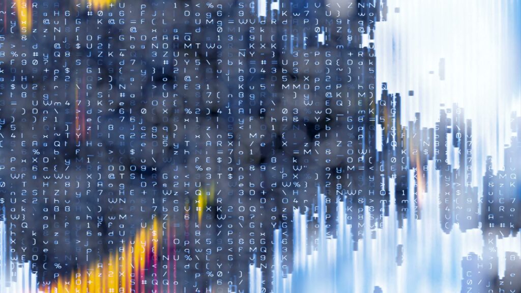 An abstract digital video loop featuring flickering data characters, symbols, and numbers on a gray-blue background with vertical lines, depicting themes of technology and data flow.