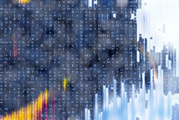 An abstract digital video loop featuring flickering data characters, symbols, and numbers on a gray-blue background with vertical lines, depicting themes of technology and data flow.