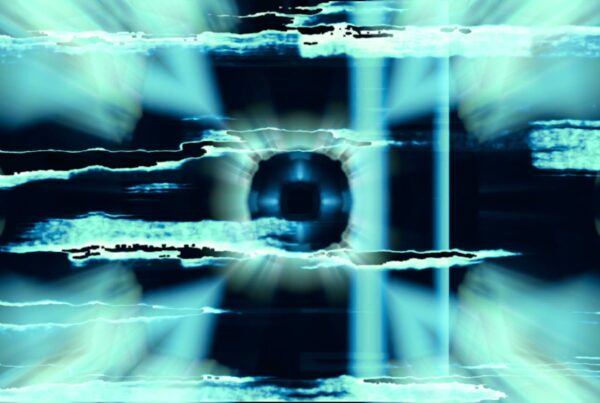 Abstract digital video loop with glowing blue icons amidst glitch-like white streaks creating a dynamic visual animation.