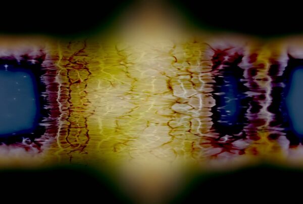 Abstract animated background with vibrant colors and textures, featuring a central glowing yellow area surrounded by darker blue and black hues, creating a dynamic reflection effect.