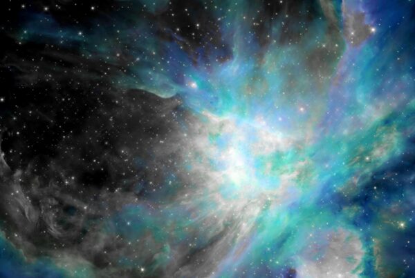 A stunning 4K video of a vibrant cosmic nebula filled with swirling blues, turquoises, and white-glowing gas clouds amidst scattered stars, capturing the beauty and dynamism of a deep-space journey.