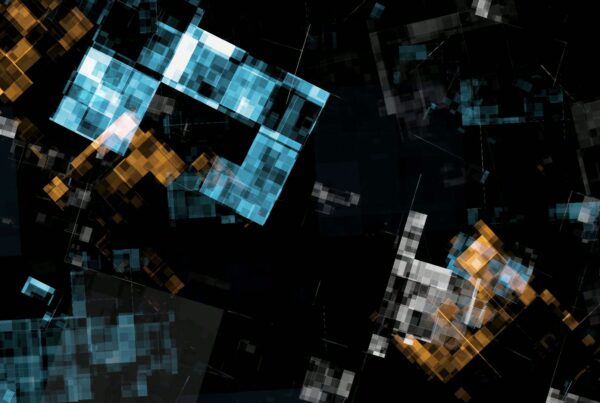 Abstract digital art with blue and orange geometric squares and rectangles against a black background, creating a modern and dynamic video background.