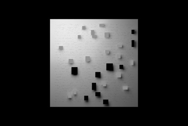 Minimalist abstract 4K video art with scattered black and white rectangular blocks on a textured gray background.