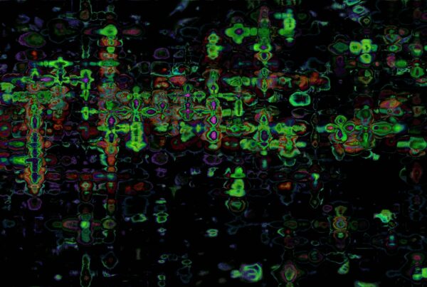 A vibrant digital abstract generative artwork featuring swirling patterns of green, purple, and hints of red against a dark background, creating a mesmerizing and intricate animation loop.