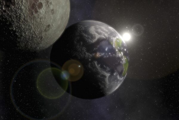 4K video of Earth and Moon in space with sun illuminating the scene, surrounded by stars and celestial beauty.