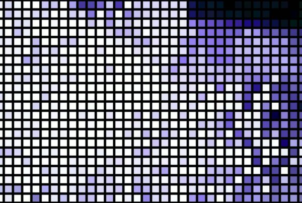 Abstract video background loop of a grid pattern of colorful squares with a gradient from white to deep purples and blues, creating a vibrant and modern visual effect.