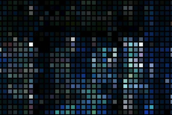 A vibrant 4K video loop of an animated mosaic of blue pixels creating an abstract pattern against a dark background.