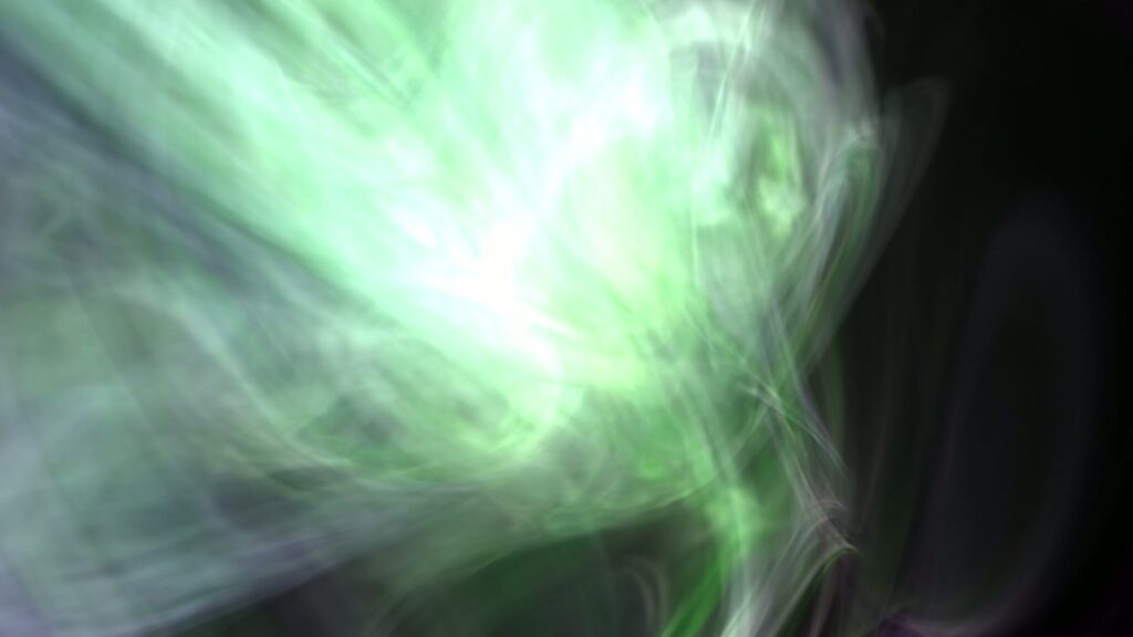 An abstract animation of swirling green gaseous light dominate the video loop.