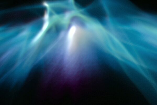 Abstract 4K video loop animation of light waves in shades of blue, teal, and purple, creating an ethereal and mystical atmosphere with dynamic energy.