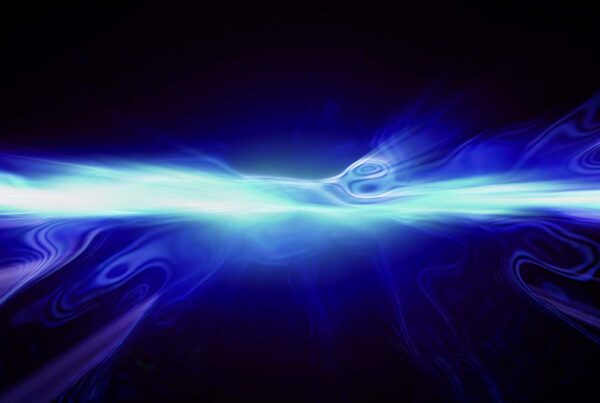 Abstract video loop of a glowing blue light wave flowing horizontally across a dark background, creating a dynamic and ethereal atmosphere.