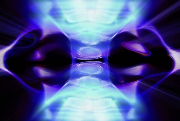 Abstract digital video loop featuring vibrant blue and purple hues with symmetrical patterns and a radiant, three-dimensional feel.