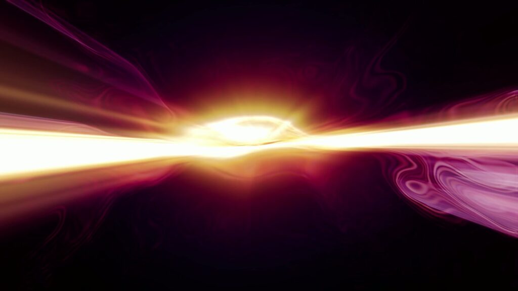 Abstract cosmic burst of bright light in warm yellows and purples, evoking energy in motion.
