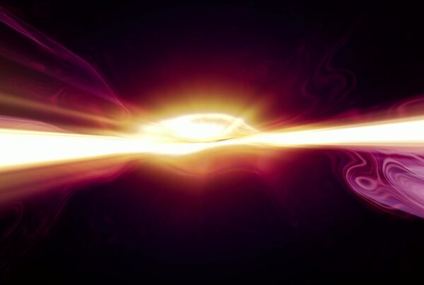 Abstract cosmic burst of bright light in warm yellows and purples, evoking energy in motion.