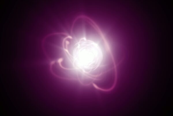 Abstract 4K video loop showing glowing atomic animation swirl with bright purple energy against a dark background.