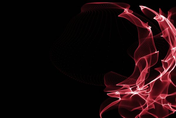 Abstract digital video loop featuring swirling red lines and dots on a black background, creating a dynamic and modern design with a sense of fluidity and depth.